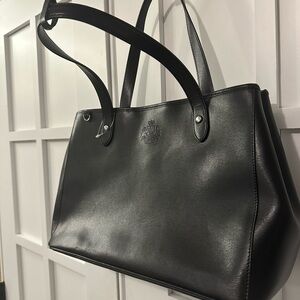 Ralph Lauren Classic Black Durable Genuine Leather Tote Bag with Embossed Crest